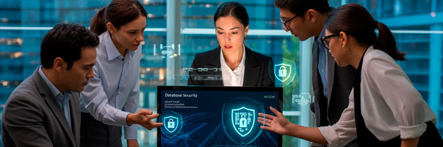 Equipo de profesionales trabajando en seguridad y auditoría de bases de datos con enfoque en protección de la información.