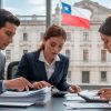Profesionales analizando documentos tributarios en Chile frente a la bandera nacional.