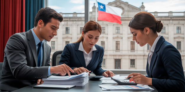 Profesionales analizando documentos tributarios en Chile frente a la bandera nacional.