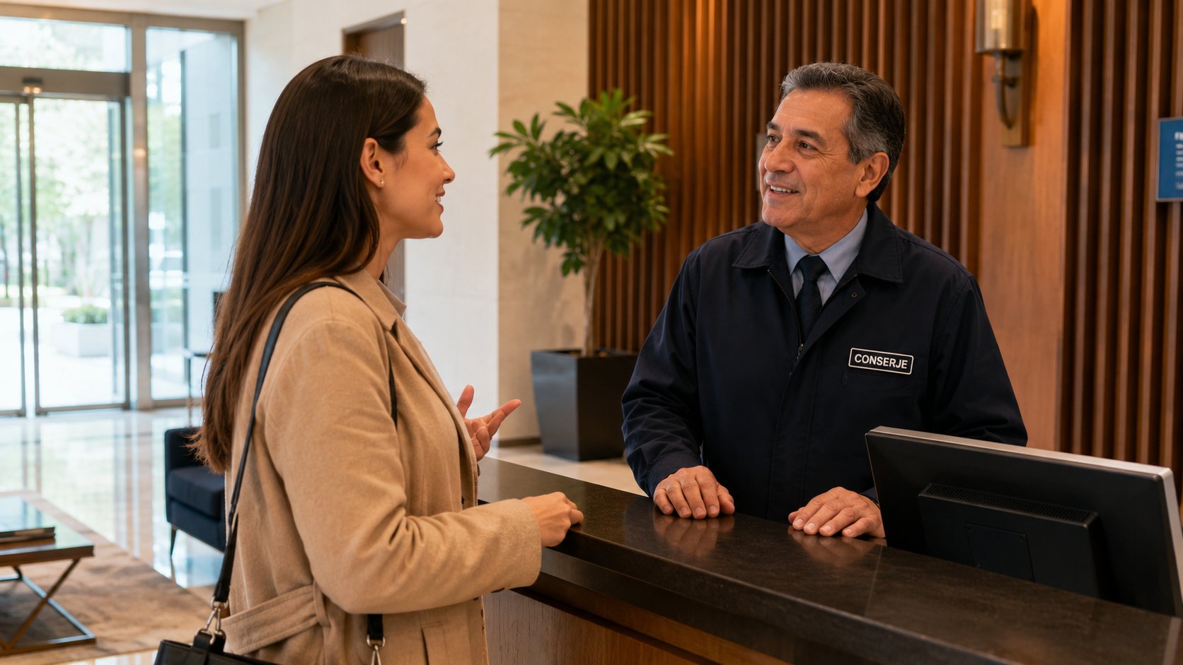Conserje de edificio atendiendo cordialmente a una residente en la recepción de un condominio, brindando orientación y servicio al cliente en un entorno residencial.