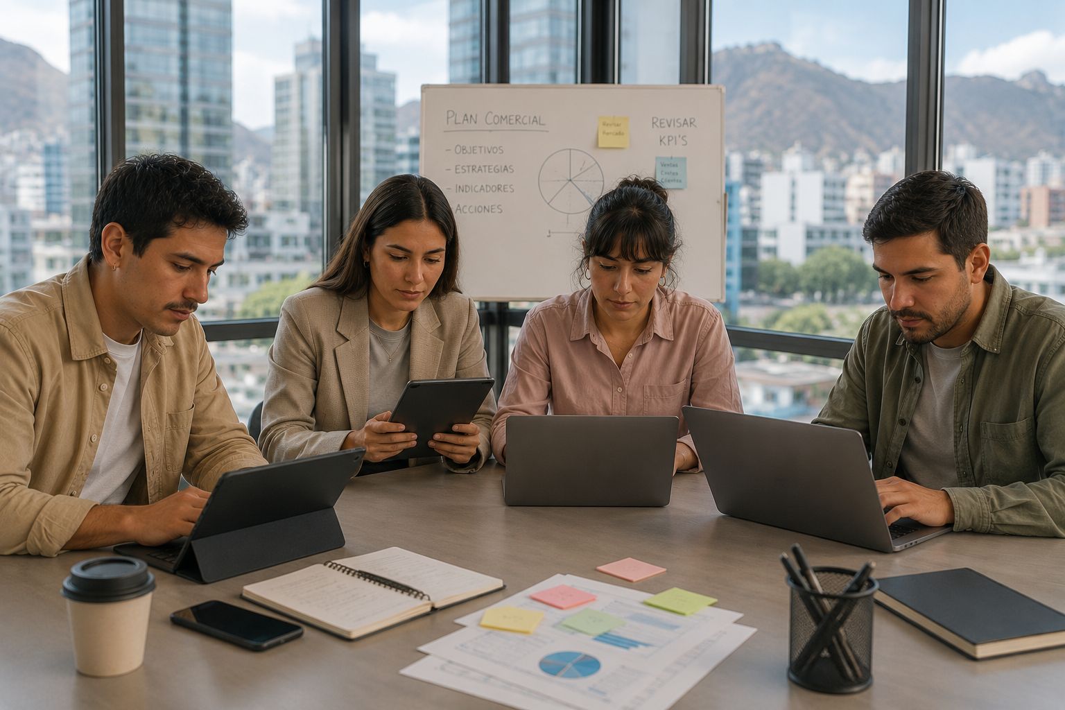 Marketing digital y redes sociales: profesionales chilenos planificando campañas online y estrategias de community management en un espacio colaborativo.