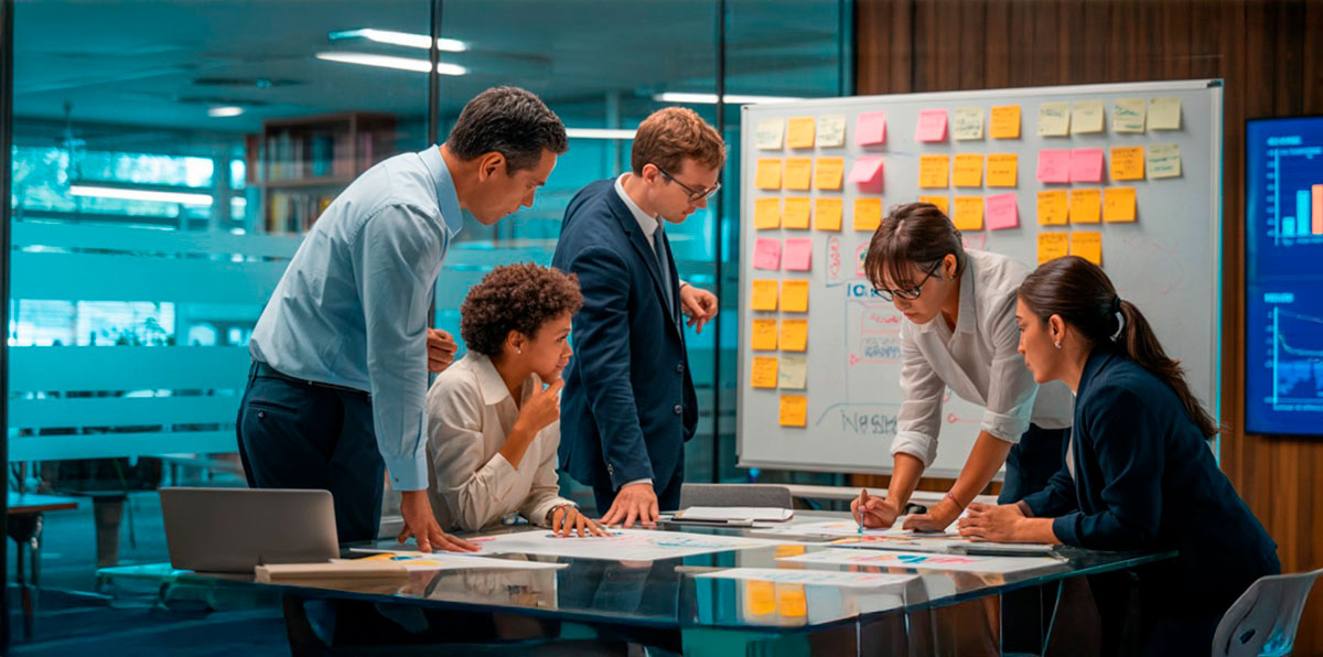 Equipo de profesionales colaborando en una reunión de trabajo para planificar estrategias de cambio organizacional y mejora empresarial, con pizarra llena de notas y gráficos.
