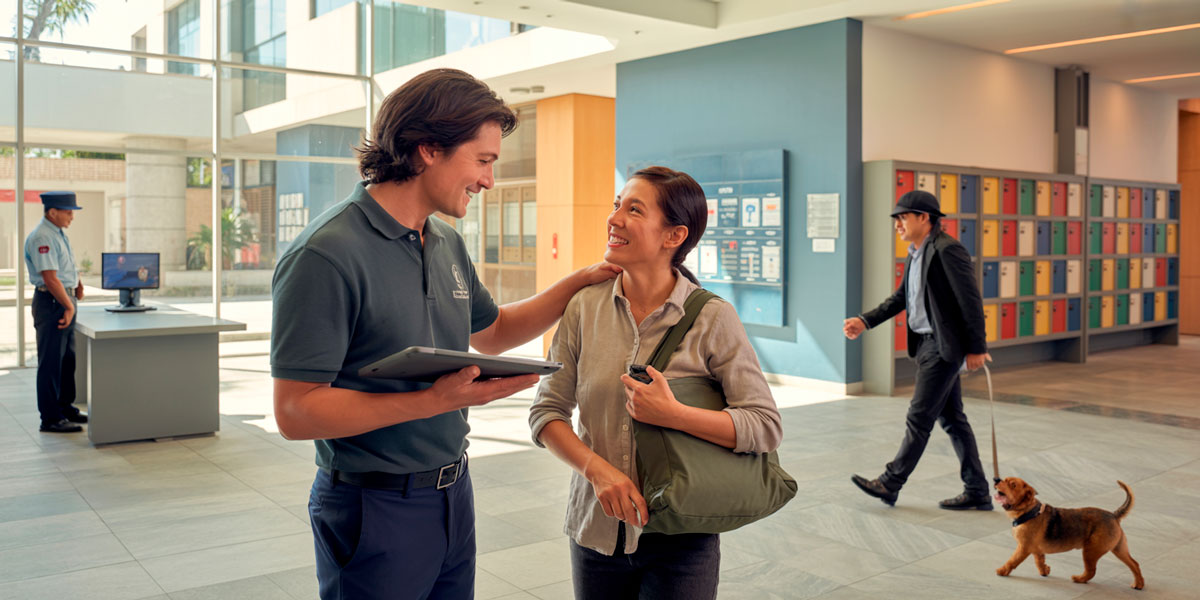 Administrador de edificio saludando a una residente, mientras realiza tareas de administración de edificios, en el lobby de un condominio en Chile, con guardia de seguridad OS-10 y residente con mascota al fondo.