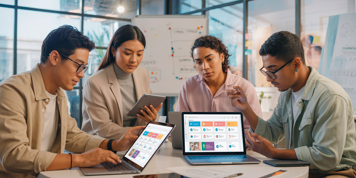 Marketing digital y redes sociales: profesionales chilenos planificando campañas online y estrategias de community management en un espacio colaborativo.