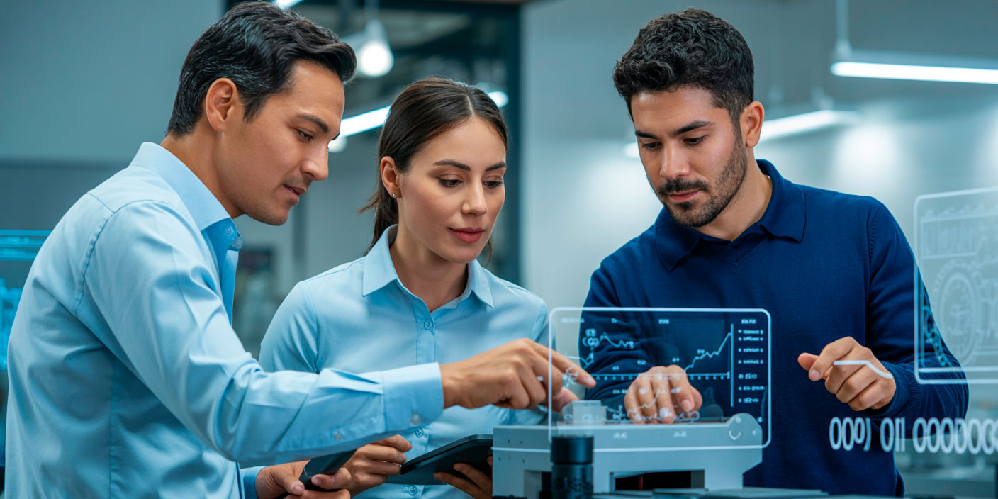Transformación digital industrial en Chile: profesionales en planta moderna aplicando automatización y tecnologías de la Industria 4.0.