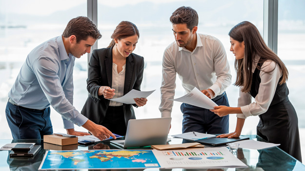 Profesionales chilenos analizando mercados globales y acuerdos comerciales en un entorno moderno, representando contenidos del curso de Comercio Exterior.