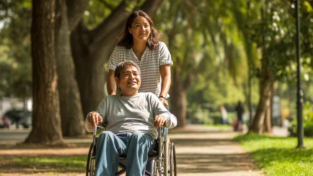 Cuidador apoyando a persona en situación de discapacidad en un entorno inclusivo y respetuoso, promoviendo autonomía y participación social.