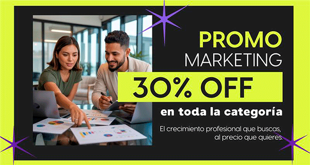 Banner promocional verde lima y negro anunciando 30% de descuento en la categoría Marketing, mostrando a dos profesionales analizando gráficos de negocios en una oficina.