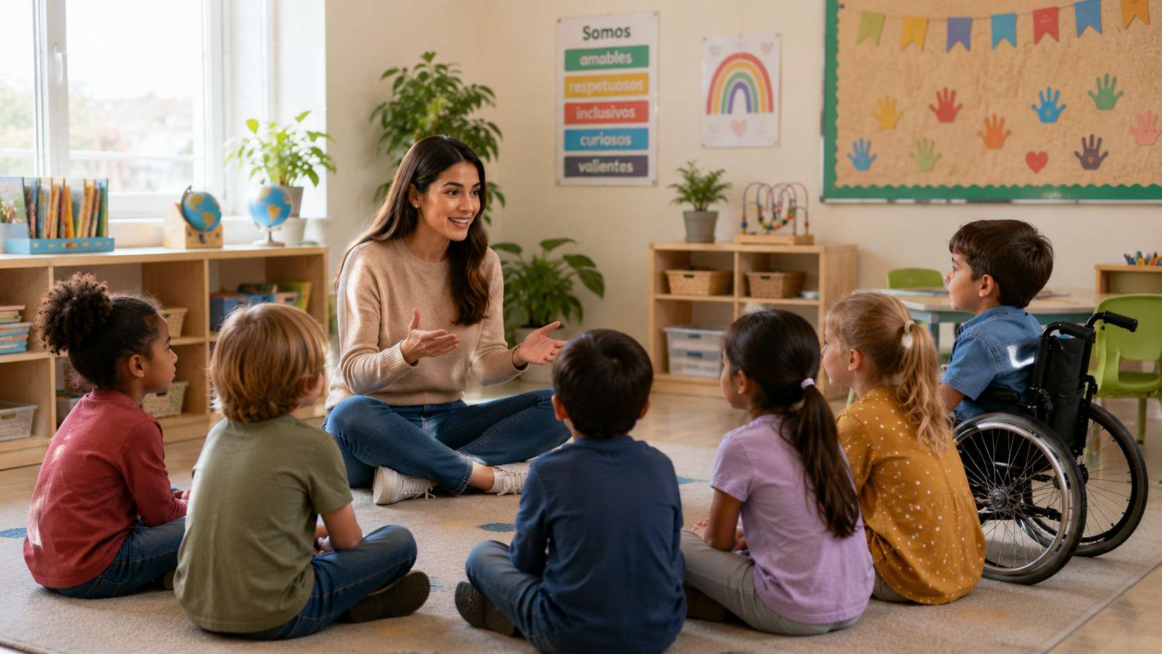 Profesora realizando una actividad pedagógica en una sala de clases inclusiva con estudiantes diversos, promoviendo la participación, la convivencia y el aprendizaje inclusivo.