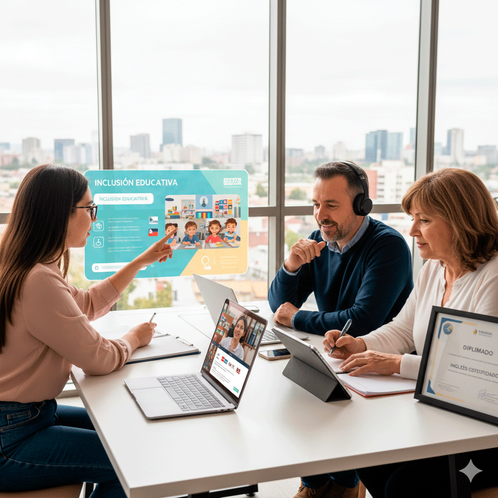 Profesionales chilenos en una oficina luminosa estudiando el Pack de Diplomado en Inclusión Educativa y curso de inglés online Speexx en laptops y tablets.