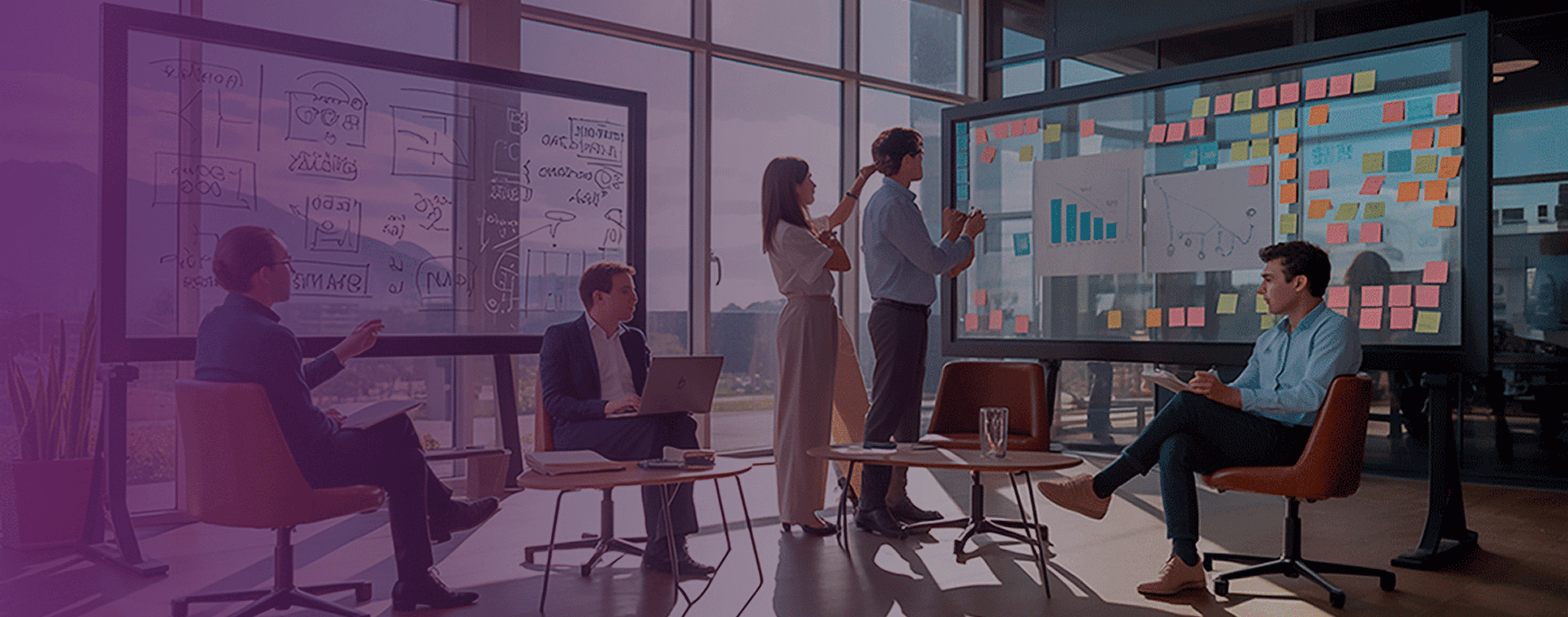 Una oficina de marketing moderna y luminosa con un equipo colaborando frente a una pantalla con gráficos de crecimiento y notas adhesivas de colores, con un diseño superpuesto de "30% de descuento en programas de marketing".