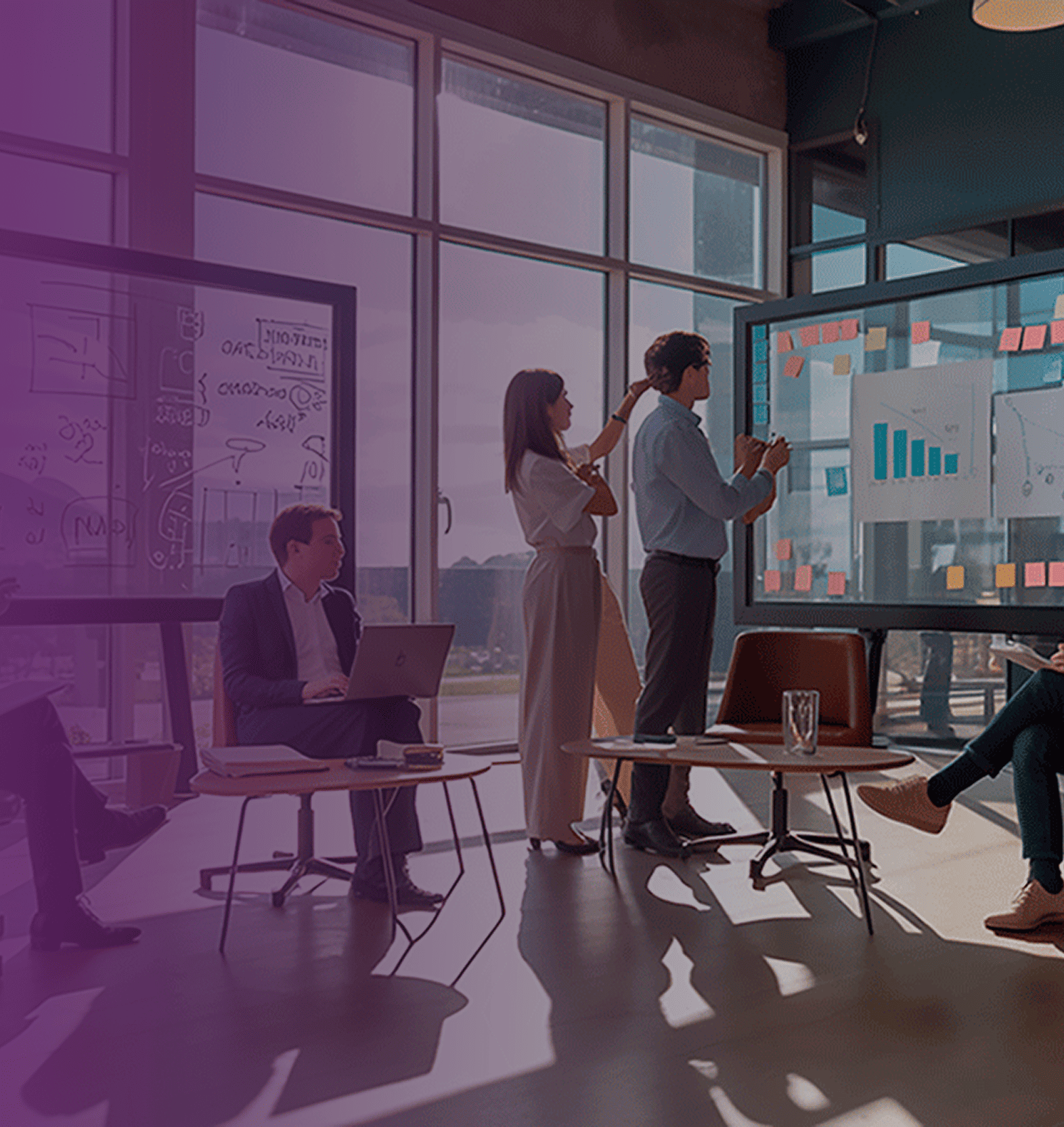 Una oficina de marketing moderna y luminosa con un equipo colaborando frente a una pantalla con gráficos de crecimiento y notas adhesivas de colores, con un diseño superpuesto de "30% de descuento en programas de marketing".