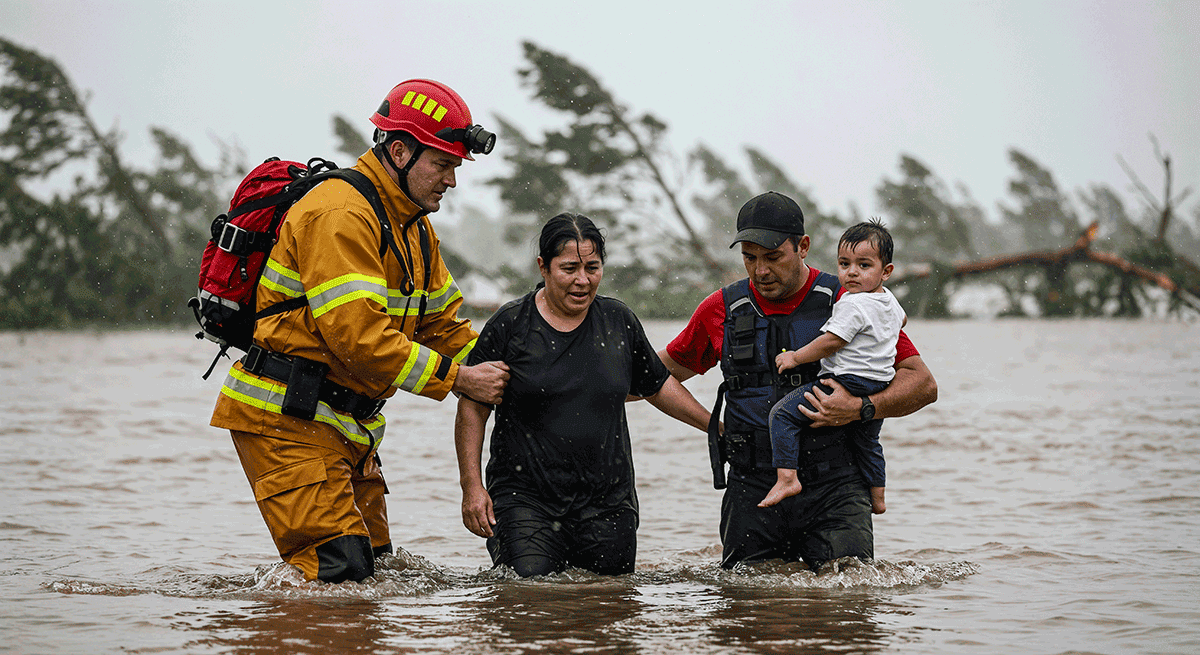 Rescate de familia durante inundación en Chile en contexto de manejo y control de desastres.