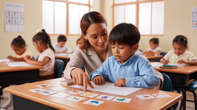 Docente aplicando estrategias de inclusión escolar con niño autista en aula chilena con apoyos visuales y ambiente estructurado.
