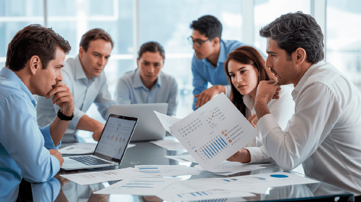 Equipo profesional analizando desempeño, potencial y competencias en sesión de gestión del talento organizacional en oficina chilena.