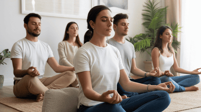 Grupo de adultos practicando técnicas de mindfulness y respiración consciente para reducir el estrés y la ansiedad.