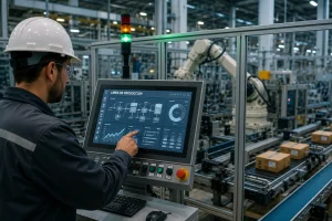 Profesional supervisando una línea automatizada mediante un sistema digital de control logístico.