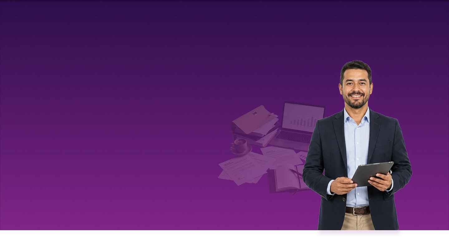Ejecutivo comercial con tablet y documentos sobre fondo morado para la Ruta de Especialización en Estrategias de Ventas y Ejecutivos Comerciales.