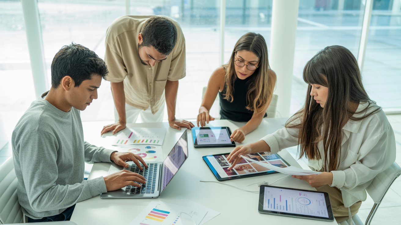 Profesionales trabajando en marketing digital y redes sociales, creando contenido, gestionando estrategias y analizando métricas en entorno digital.