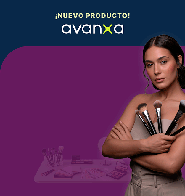 Primer plano de experta en estética para versión móvil, fondo morado con pinceles de maquillaje.