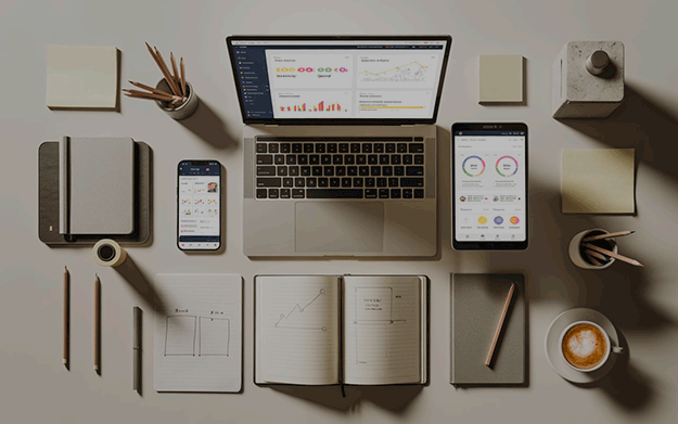 Escritorio de marketing en vista aérea con laptop, tablet y smartphone mostrando dashboards de analítica digital y herramientas de gestión de campañas.