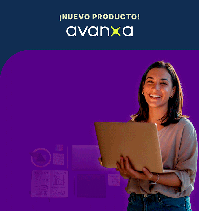Joven profesional de marketing con laptop para versión móvil, fondo púrpura con elementos digitales sutiles.