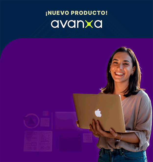 Joven profesional de marketing con laptop para versión móvil, fondo púrpura con elementos digitales sutiles.