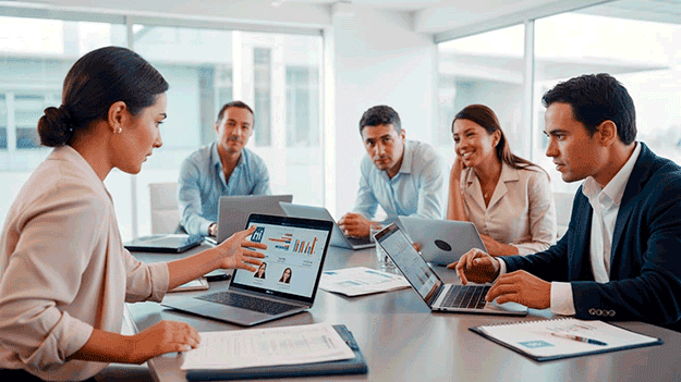 Ejecutivos de ventas analizando estrategias comerciales y datos en entorno corporativo moderno