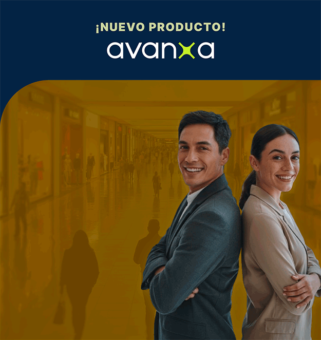 Equipo de ventas profesional en formato vertical, fondo dorado con entorno de mall comercial.
