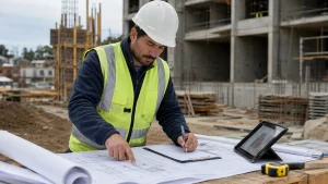 Profesional de la construcción revisando planos y registrando información en una obra en ejecución.
