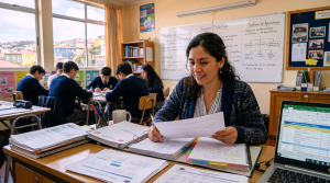 Docente planificando el diseño curricular escolar mediante unidades didácticas, objetivos de aprendizaje y herramientas digitales.
