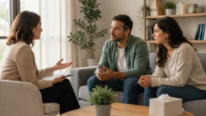 Pareja participando en una sesión de orientación con una profesional del bienestar familiar.