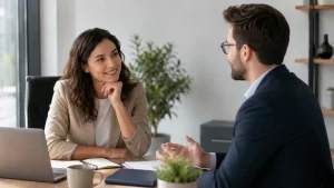 Dos profesionales conversando y practicando la escucha activa en una reunión de trabajo.