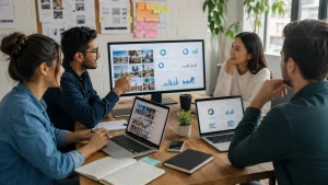 Equipo de marketing digital analizando contenidos y métricas de una campaña en computadores.