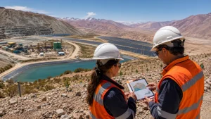 Profesionales evaluando indicadores de sostenibilidad en una operación minera con paneles solares en Chile.