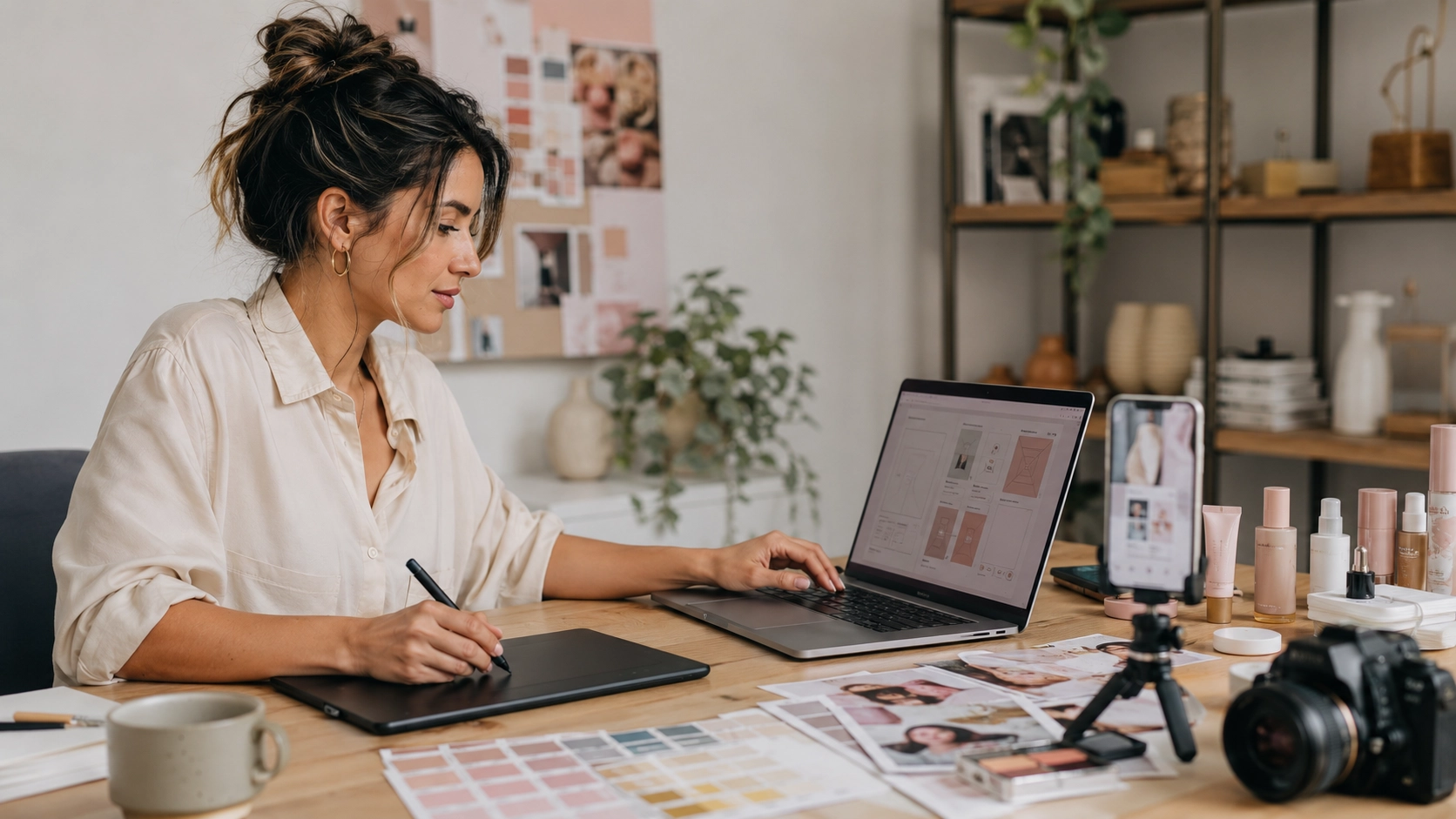 Profesional desarrollando habilidades creativas mejor pagadas mediante diseño UX/UI, creación de contenido y fotografía comercial.