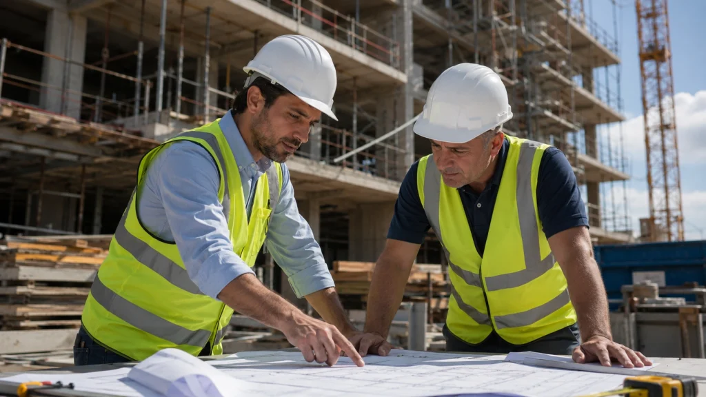 Profesionales revisando planos durante una certificación gestión de obras aplicada a la construcción en Chile.