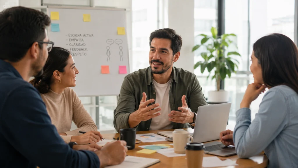 Equipo de profesionales aplicando inteligencia emocional en el trabajo mediante escucha activa, empatía, respeto y comunicación efectiva.