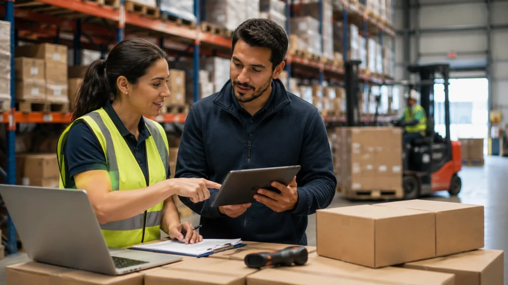 Profesionales gestionando la cadena de suministro, el inventario y el abastecimiento mediante herramientas digitales en una bodega logística.