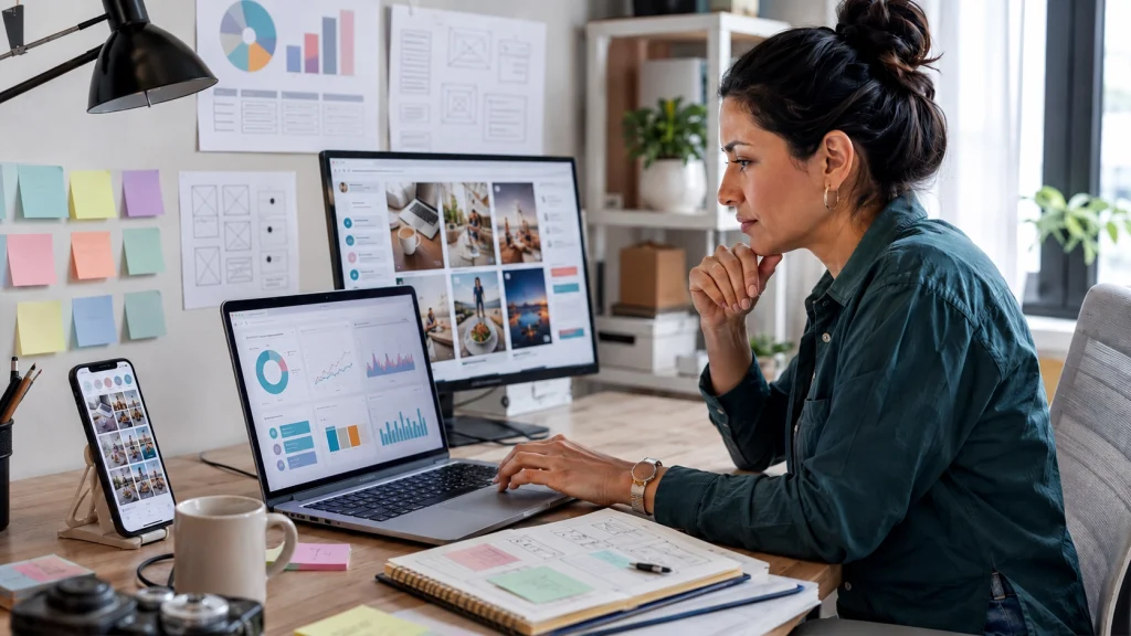 Profesional analizando métricas, contenidos y campañas para desarrollar competencias en Marketing Digital.