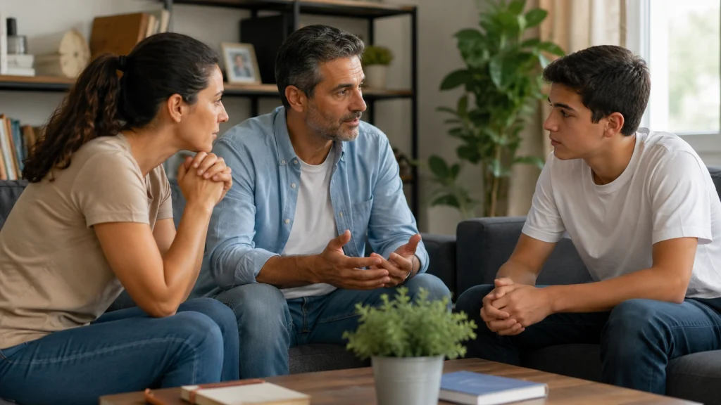 Padres conversando con su hijo adolescente para fortalecer el bienestar familiar mediante la comunicación, la empatía y la escucha activa.