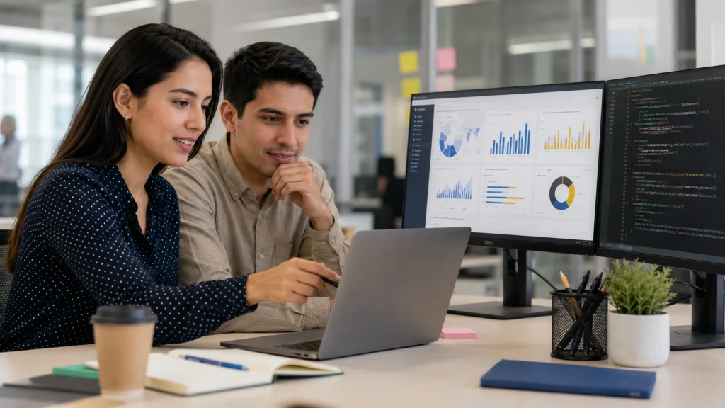 Profesionales desarrollando Competencias Tecnológicas mediante análisis de datos, programación y visualización de información en computadores.