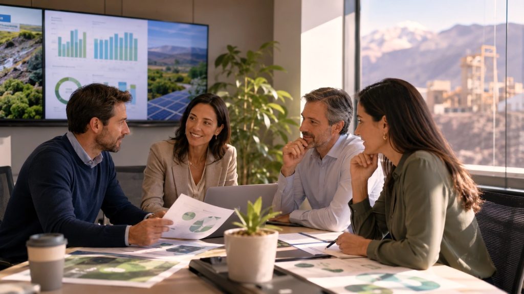 Profesionales planificando estrategias de Sostenibilidad Corporativa, responsabilidad social y criterios ESG aplicados a la industria chilena.