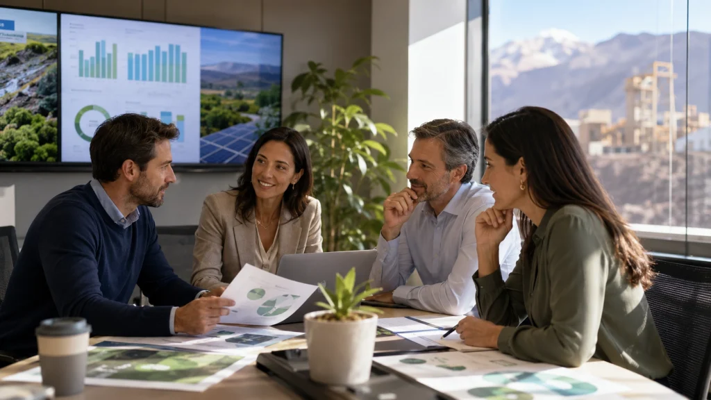 Profesionales planificando estrategias de Sostenibilidad Corporativa, responsabilidad social y criterios ESG aplicados a la industria chilena.