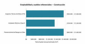 Gráfico de empleabilidad y sueldos referenciales en construcción para ITO, instalador eléctrico y prevencionista de riesgos en Chile.