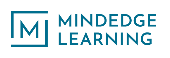 Logotipo principal de la empresa MindEdge, con un isotipo de color verde azulado en forma de letra M geométrica encuadrada y el texto "MINDEDGE" en letras mayúsculas de color verde azulado a la derecha, sobre fondo blanco.