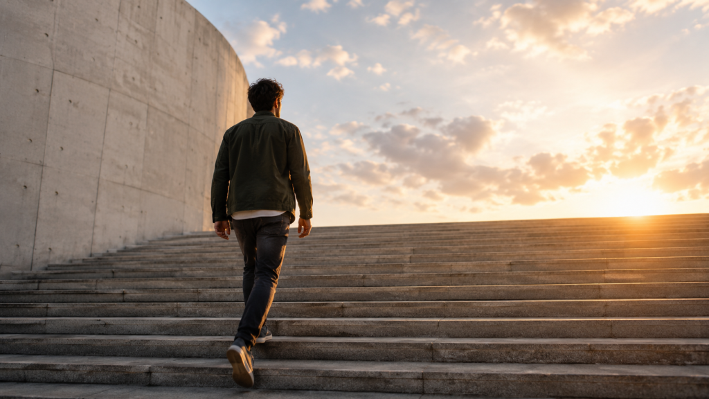 Hombre subiendo escaleras hacia un amanecer, simbolizando el crecimiento personal y profesional a través de los cursos de Avanxa.