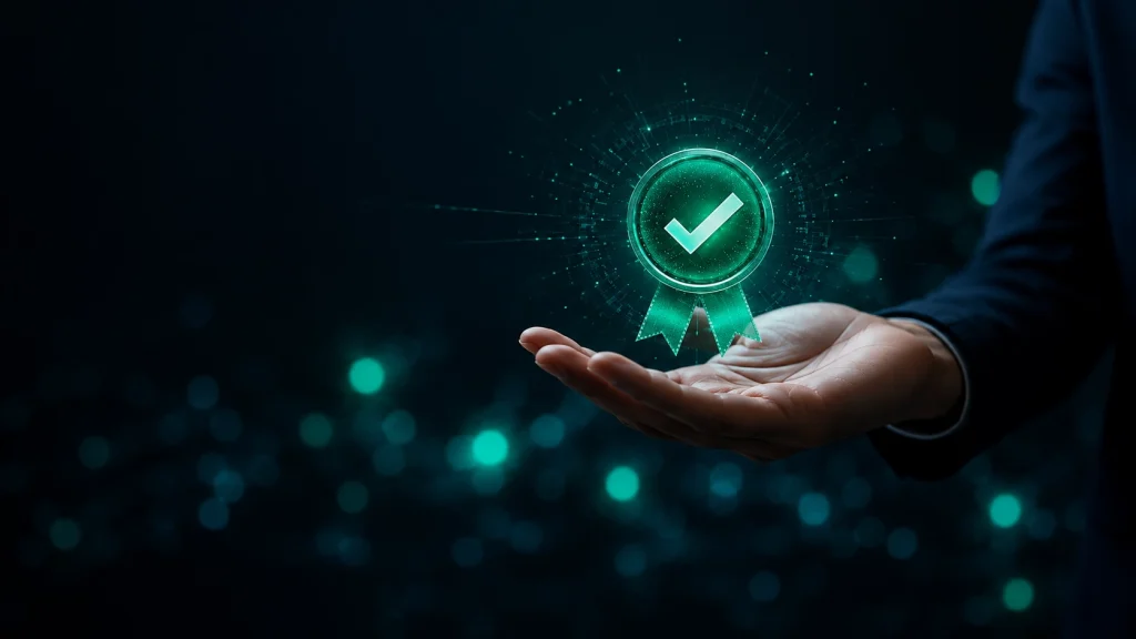 Mano en posición abierta sosteniendo una medalla holográfica de verificación verde con una marca de cotejo.