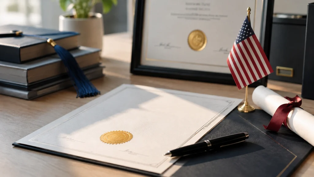 Certificado oficial con sello dorado, diploma con listón rojo y bandera de Estados Unidos sobre un escritorio para impulsar tu carrera internacional.