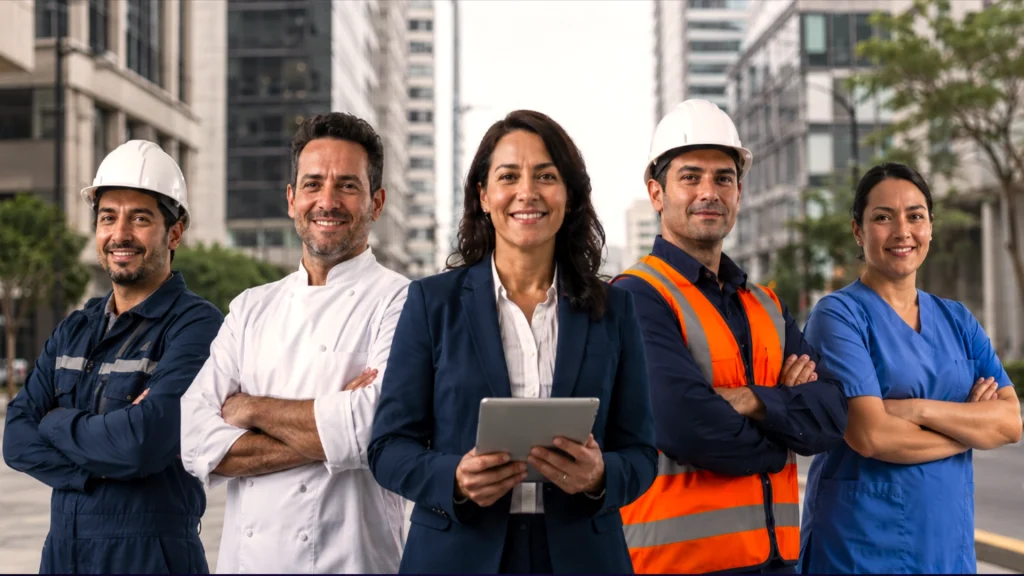 Grupo diverso de profesionales de distintas industrias posando juntos al aire libre.